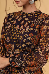 Multi Chiffon Flared Printed Dress With Tie-up Blet